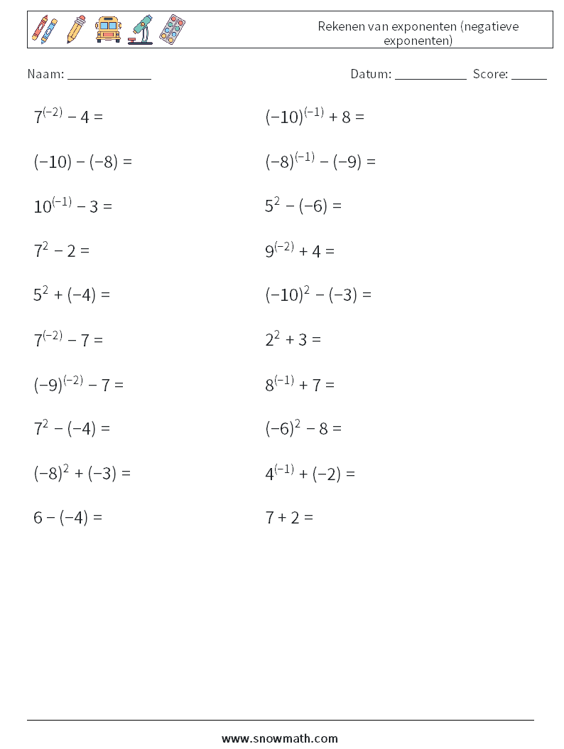  Rekenen van exponenten (negatieve exponenten) Wiskundige werkbladen 6