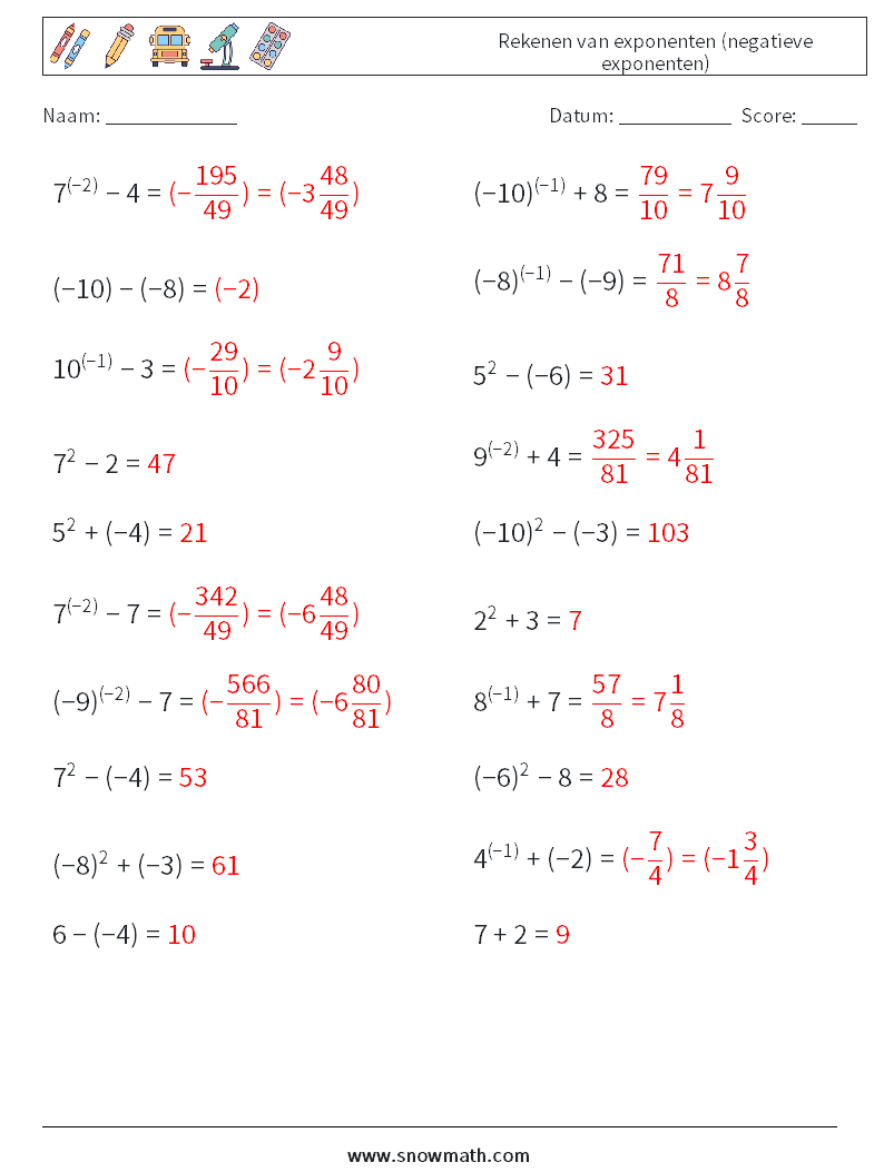  Rekenen van exponenten (negatieve exponenten) Wiskundige werkbladen 6 Vraag, Antwoord