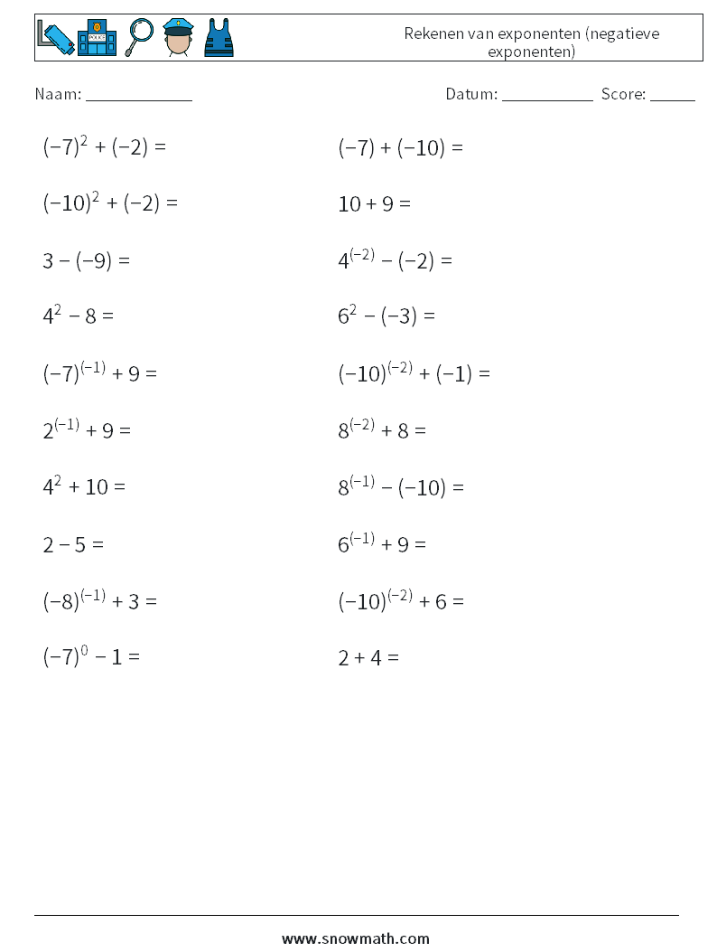  Rekenen van exponenten (negatieve exponenten) Wiskundige werkbladen 7
