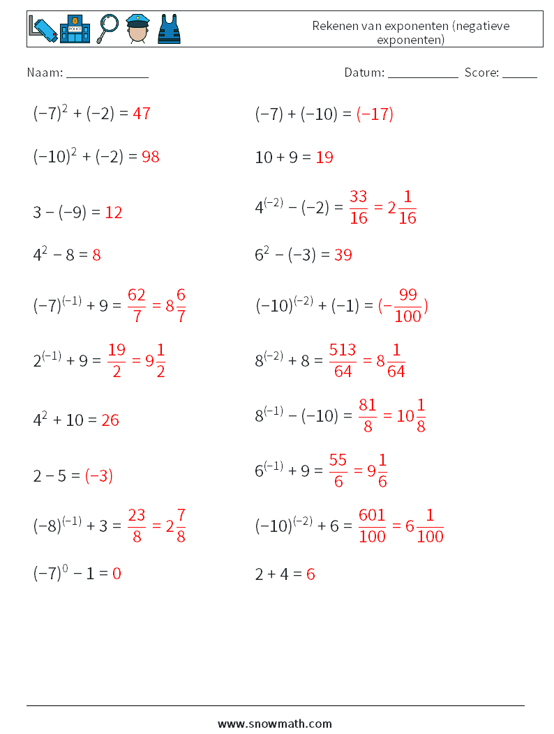  Rekenen van exponenten (negatieve exponenten) Wiskundige werkbladen 7 Vraag, Antwoord