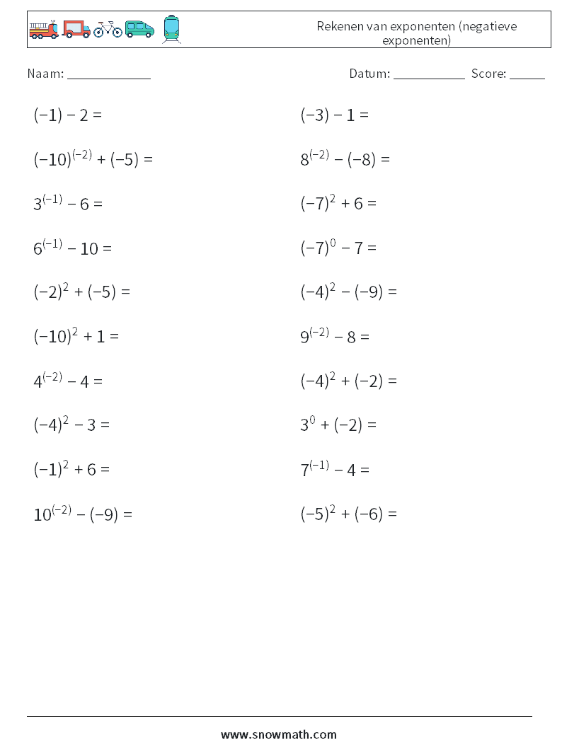  Rekenen van exponenten (negatieve exponenten) Wiskundige werkbladen 8