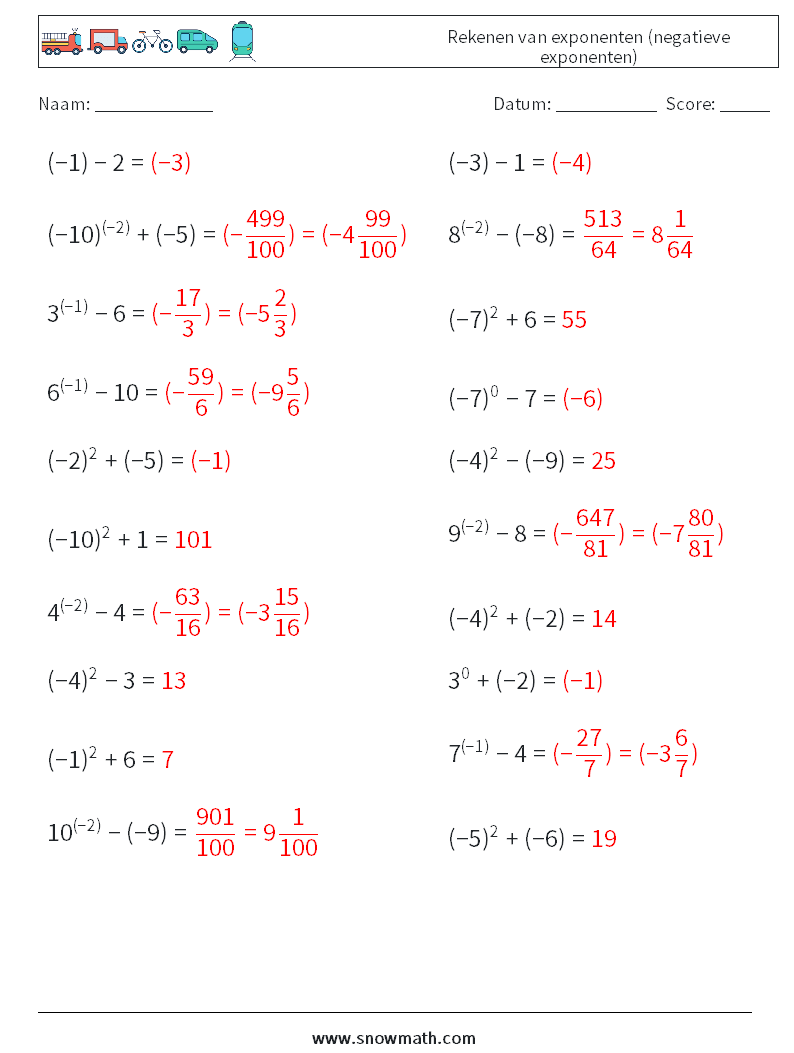  Rekenen van exponenten (negatieve exponenten) Wiskundige werkbladen 8 Vraag, Antwoord