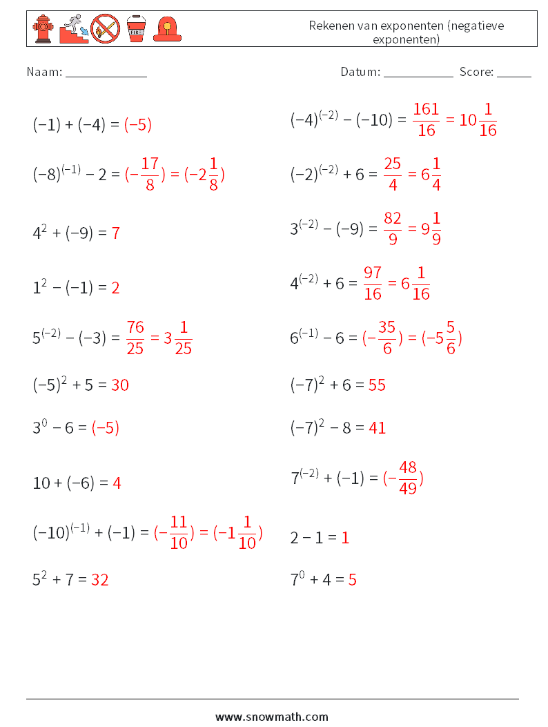  Rekenen van exponenten (negatieve exponenten) Wiskundige werkbladen 9 Vraag, Antwoord