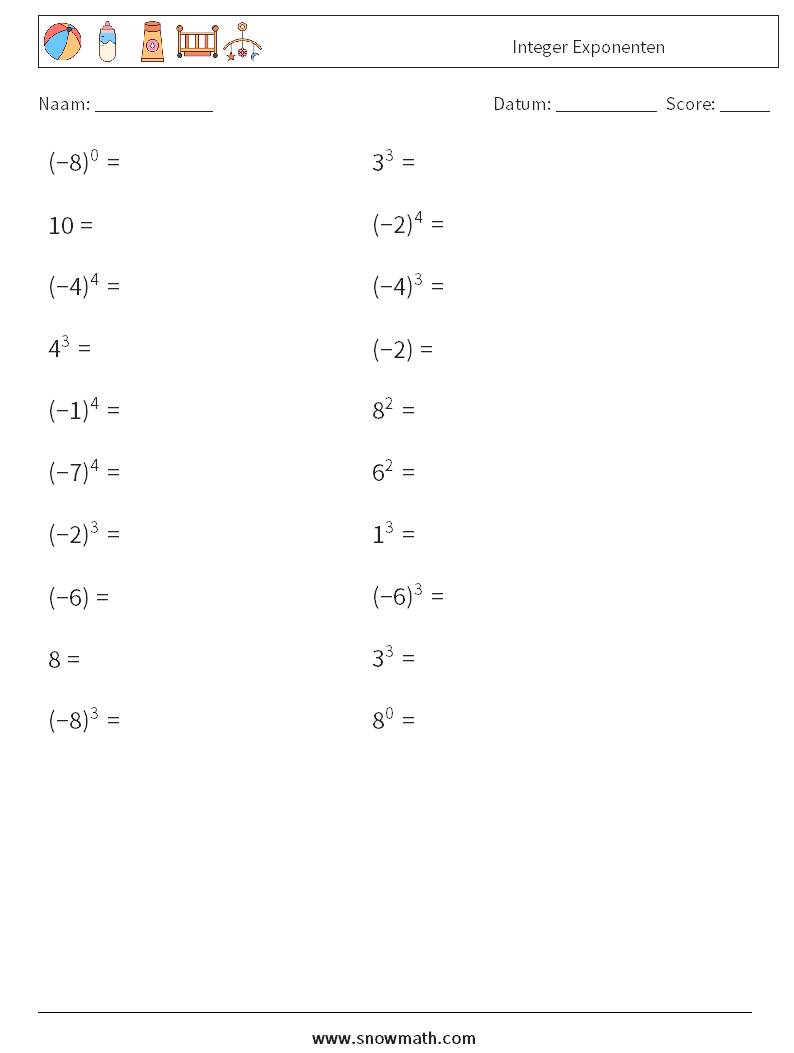 Integer Exponenten Wiskundige werkbladen 1