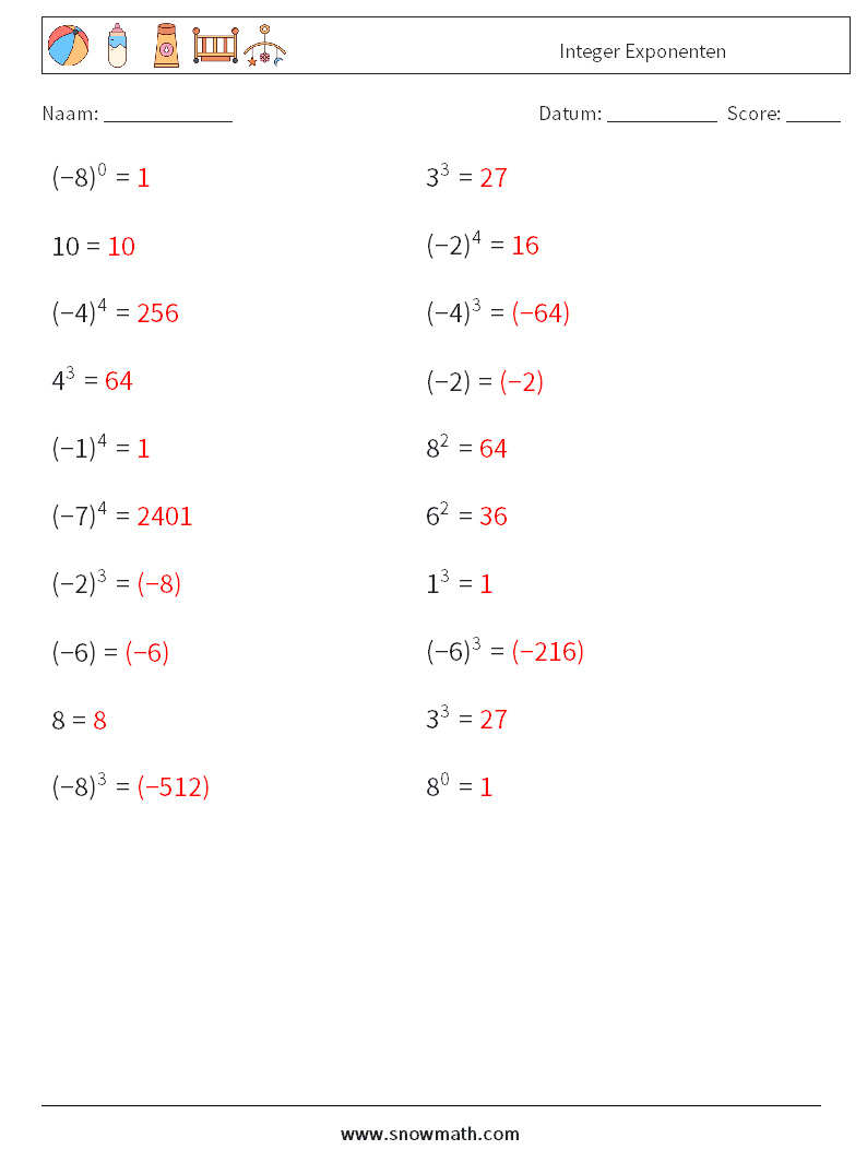 Integer Exponenten Wiskundige werkbladen 1 Vraag, Antwoord