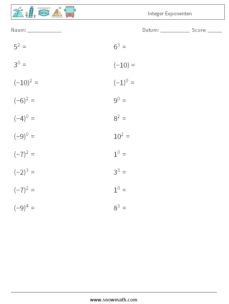 Integer Exponenten Wiskundige werkbladen 2