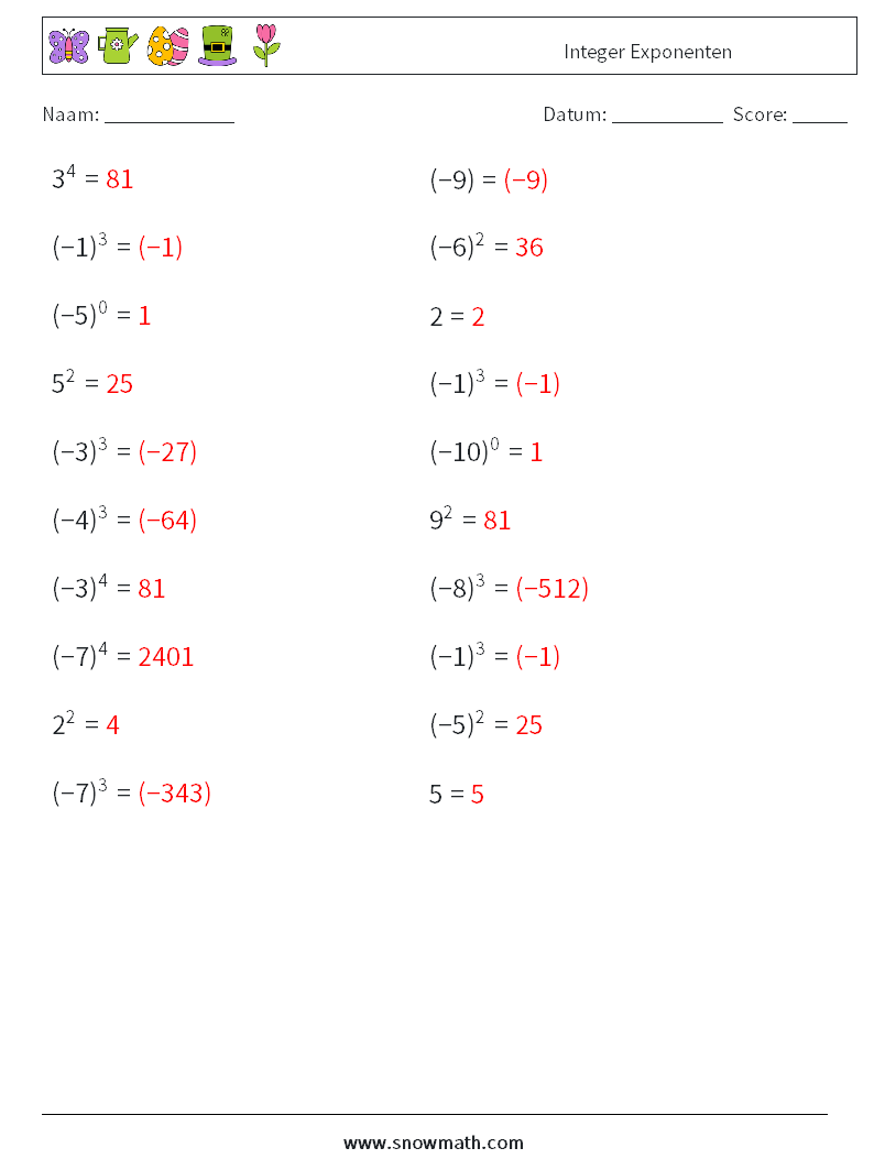 Integer Exponenten Wiskundige werkbladen 3 Vraag, Antwoord