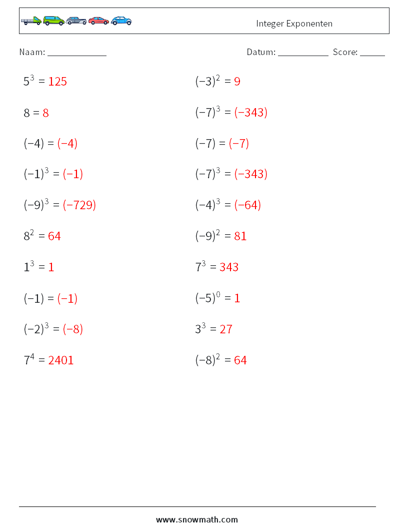 Integer Exponenten Wiskundige werkbladen 4 Vraag, Antwoord