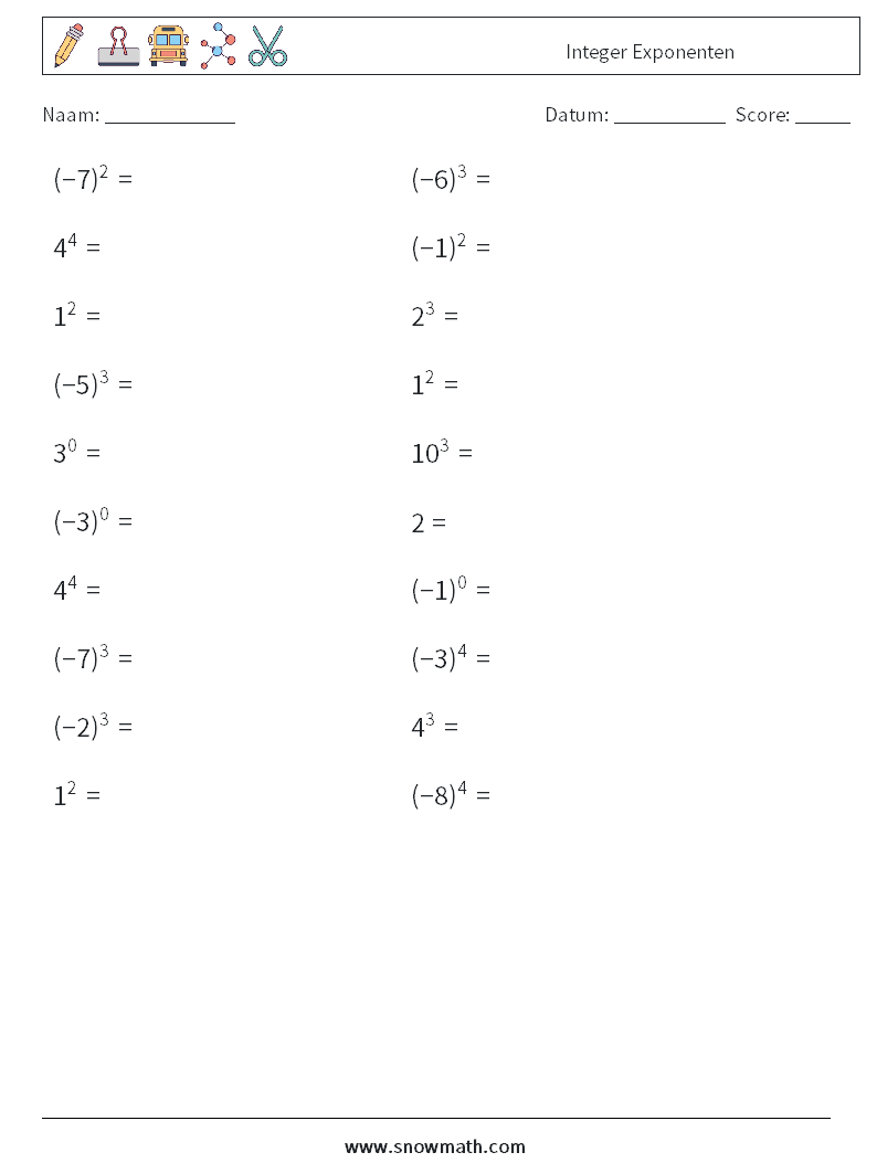 Integer Exponenten Wiskundige werkbladen 5