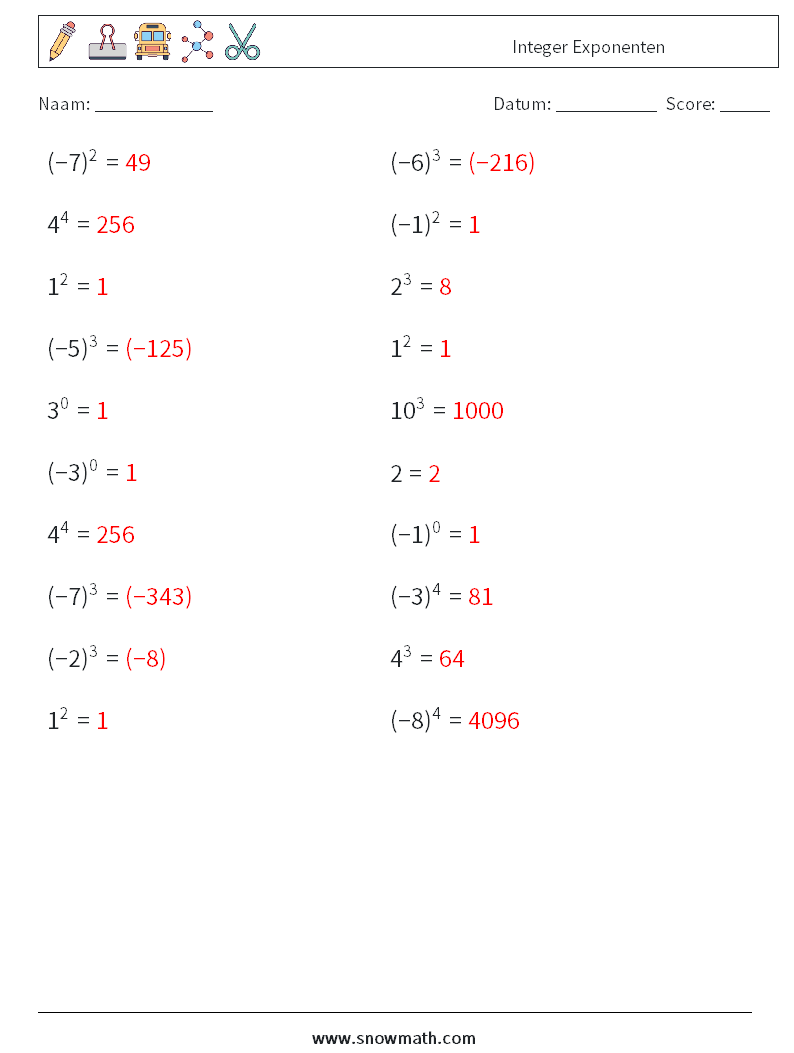 Integer Exponenten Wiskundige werkbladen 5 Vraag, Antwoord