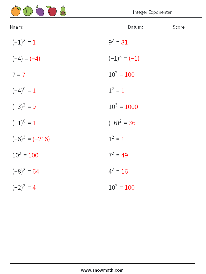 Integer Exponenten Wiskundige werkbladen 6 Vraag, Antwoord