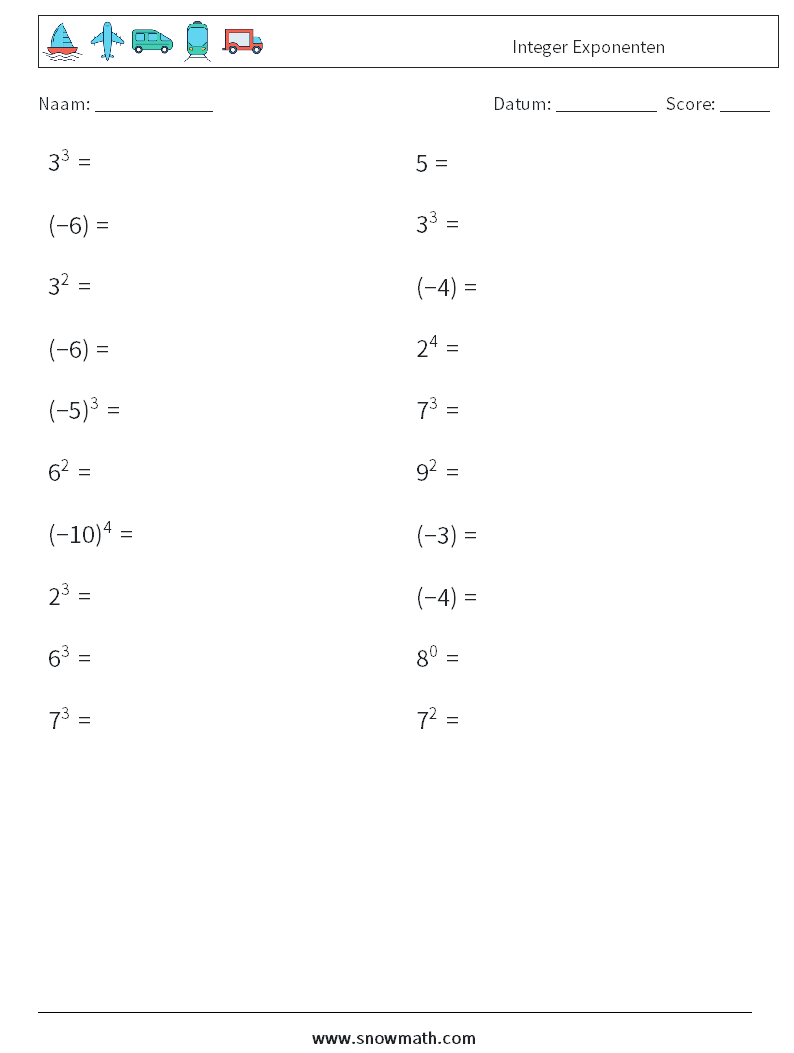 Integer Exponenten Wiskundige werkbladen 7