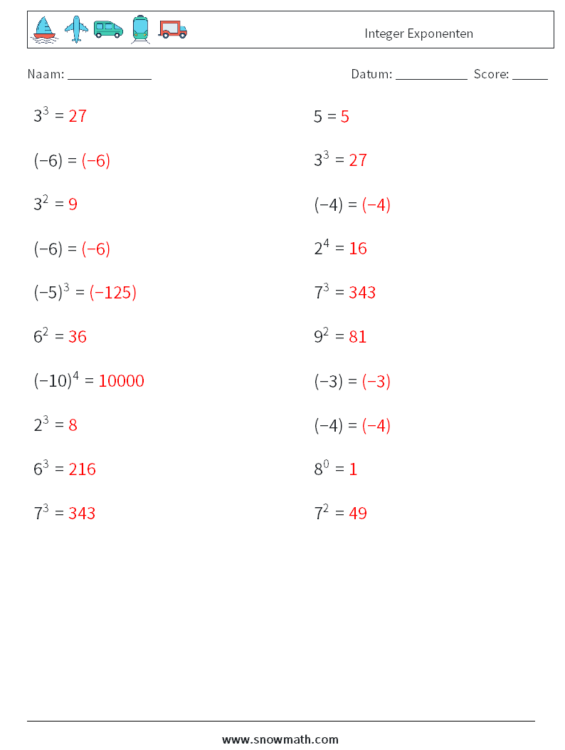 Integer Exponenten Wiskundige werkbladen 7 Vraag, Antwoord