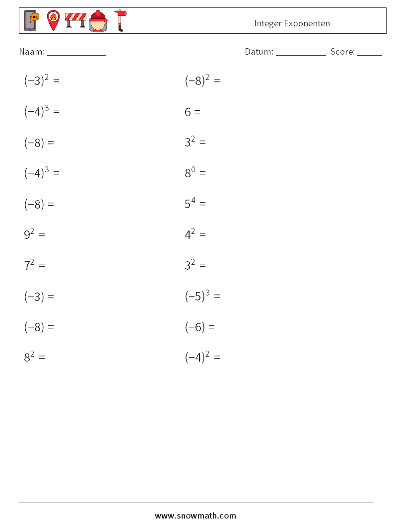 Integer Exponenten Wiskundige werkbladen 9