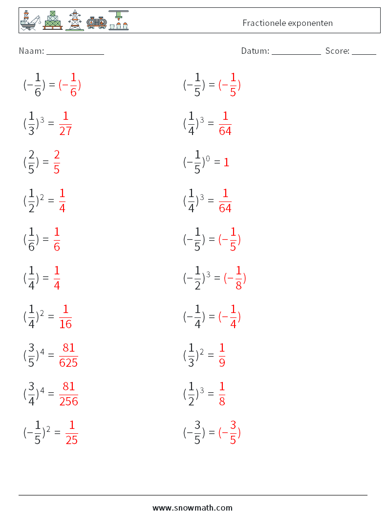 Fractionele exponenten Wiskundige werkbladen 1 Vraag, Antwoord