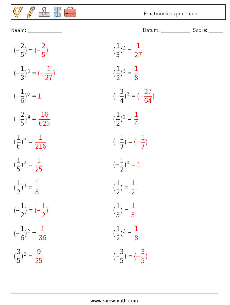 Fractionele exponenten Wiskundige werkbladen 3 Vraag, Antwoord