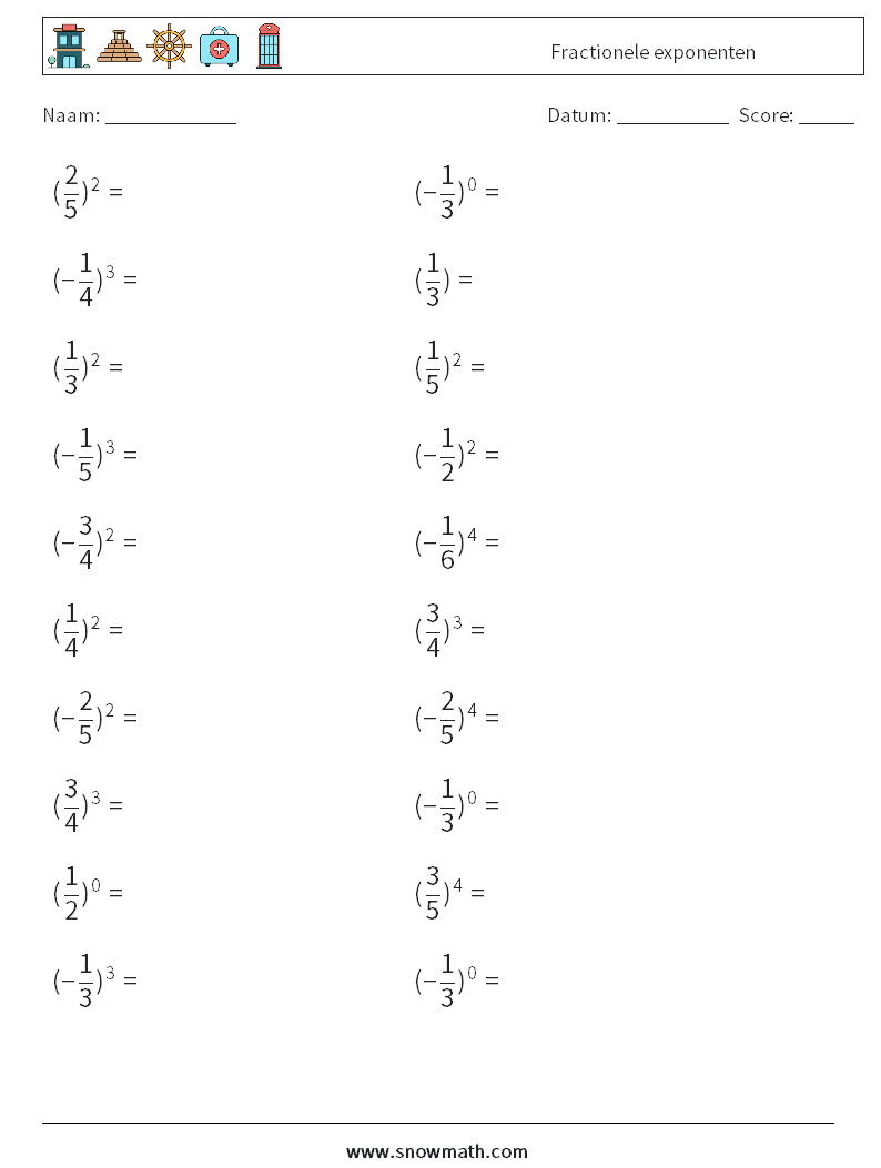 Fractionele exponenten Wiskundige werkbladen 8