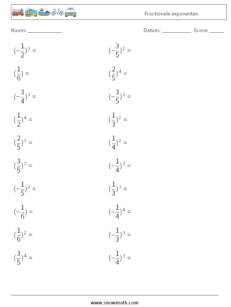 Fractionele exponenten Wiskundige werkbladen 9