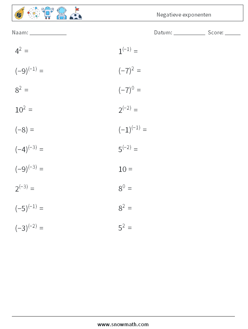  Negatieve exponenten Wiskundige werkbladen 1