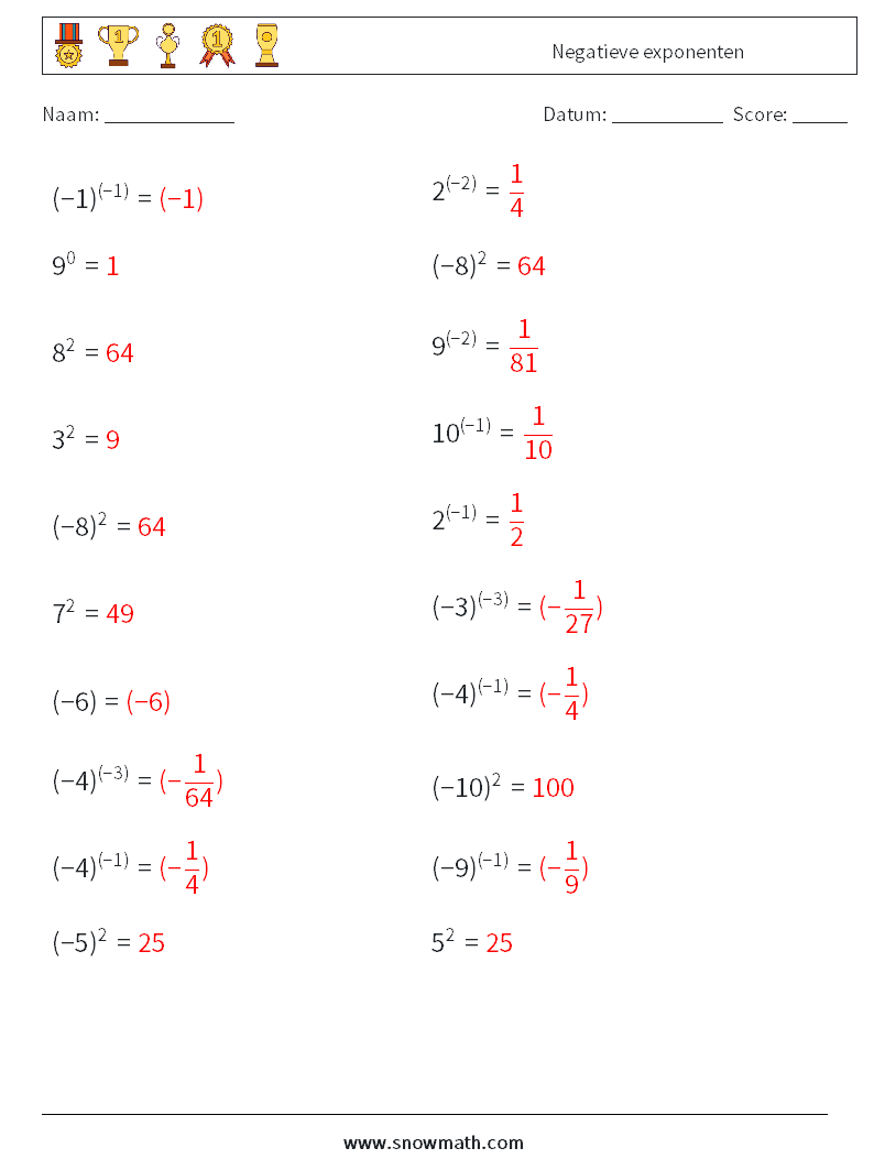  Negatieve exponenten Wiskundige werkbladen 2 Vraag, Antwoord