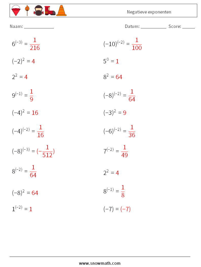  Negatieve exponenten Wiskundige werkbladen 5 Vraag, Antwoord