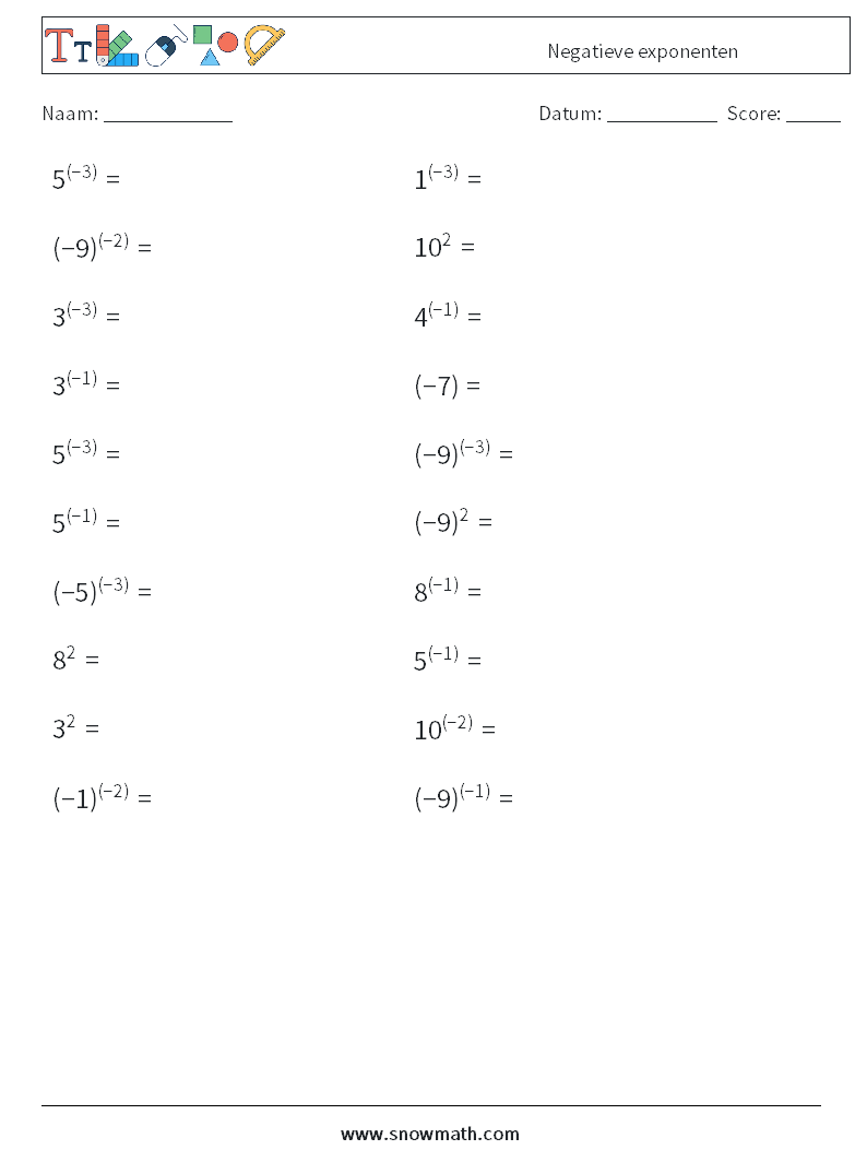  Negatieve exponenten Wiskundige werkbladen 7