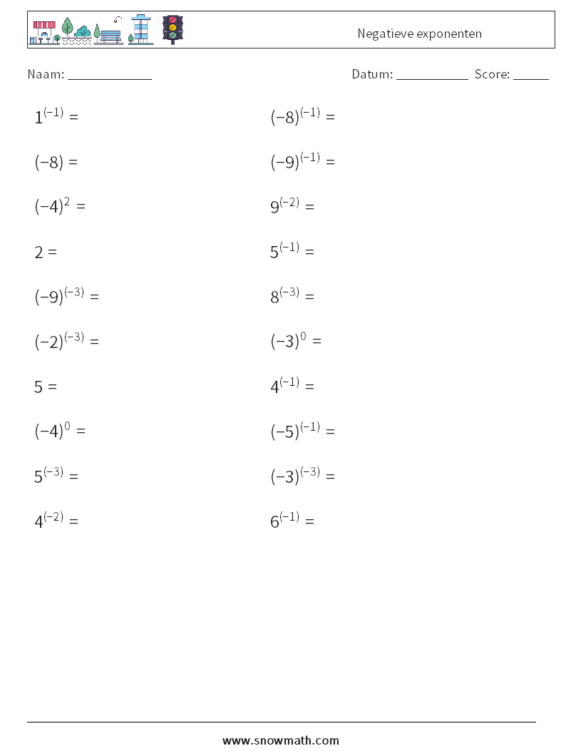  Negatieve exponenten Wiskundige werkbladen 8