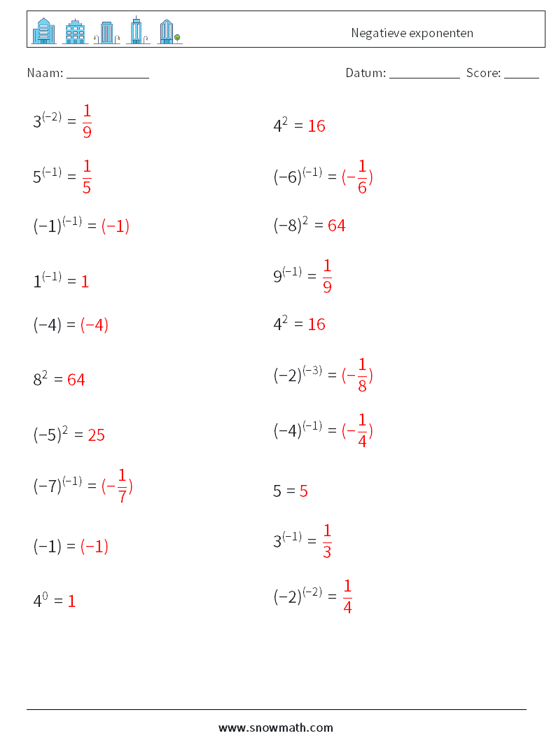  Negatieve exponenten Wiskundige werkbladen 9 Vraag, Antwoord