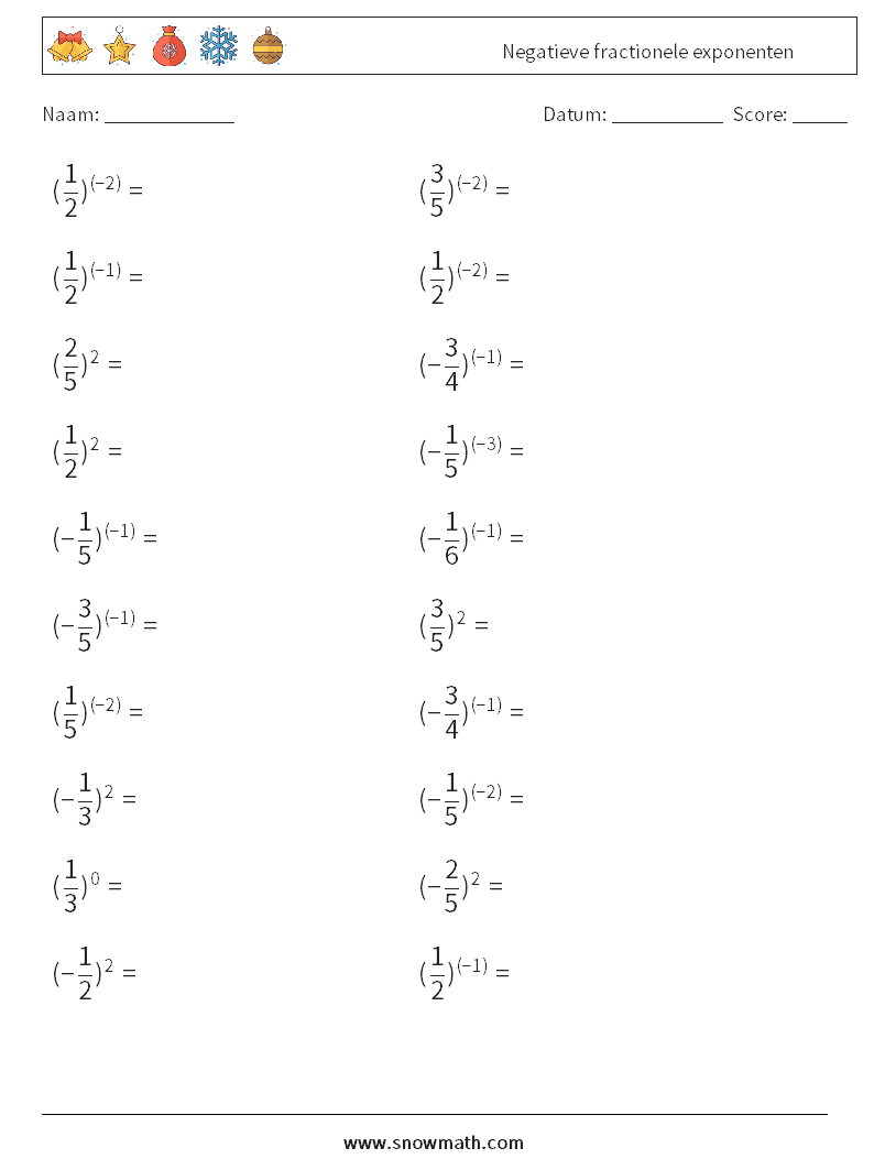 Negatieve fractionele exponenten Wiskundige werkbladen 2