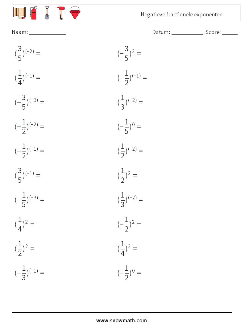 Negatieve fractionele exponenten Wiskundige werkbladen 6