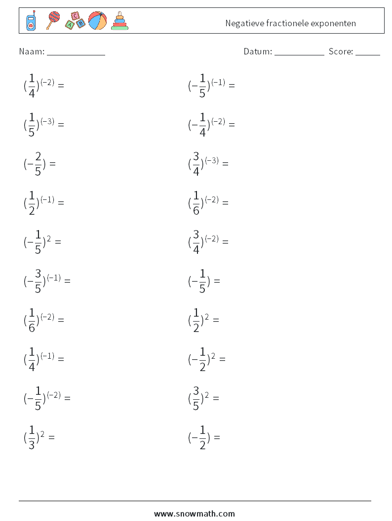 Negatieve fractionele exponenten Wiskundige werkbladen 7