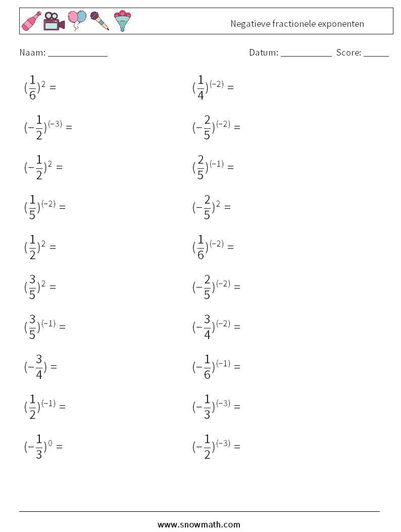 Negatieve fractionele exponenten Wiskundige werkbladen 8