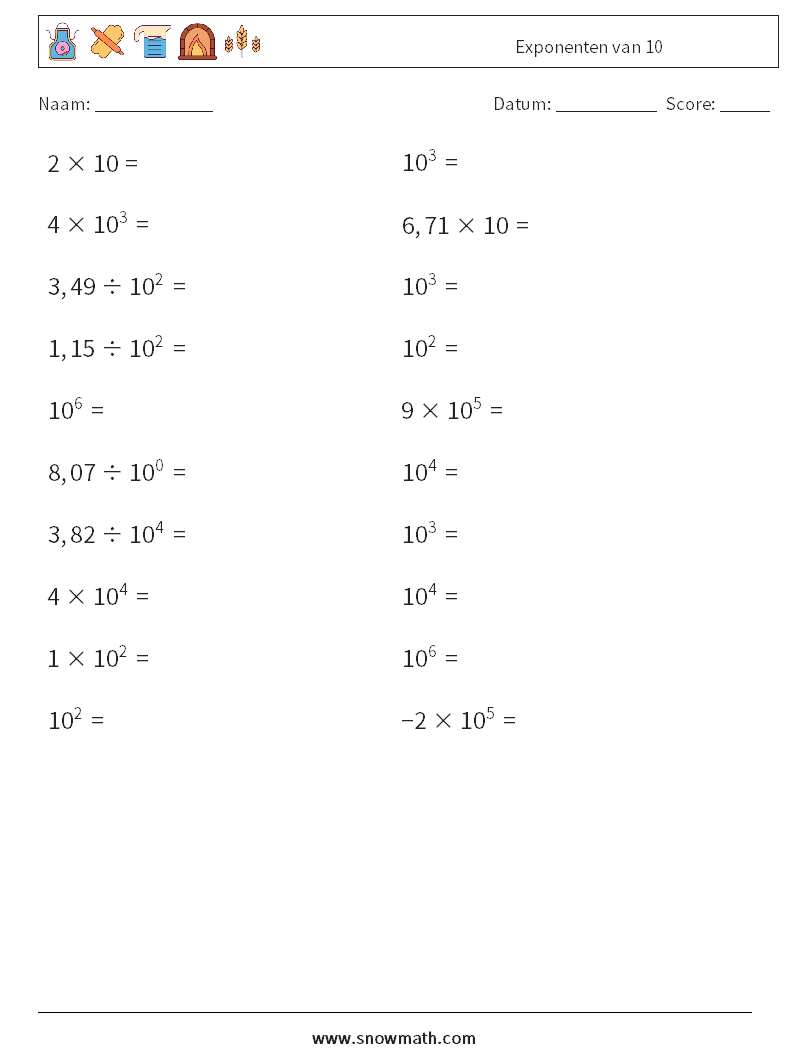 Exponenten van 10 Wiskundige werkbladen 1