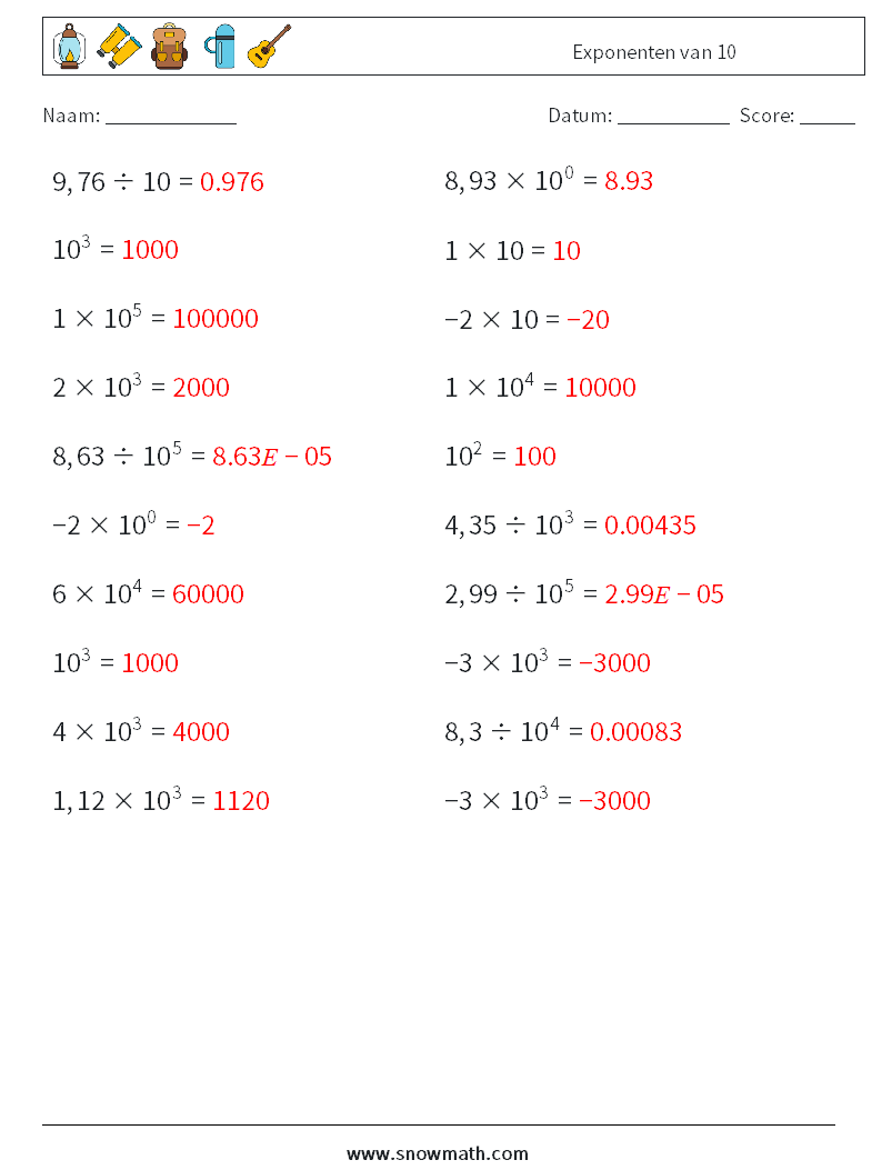 Exponenten van 10 Wiskundige werkbladen 3 Vraag, Antwoord