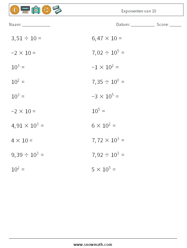 Exponenten van 10 Wiskundige werkbladen 4