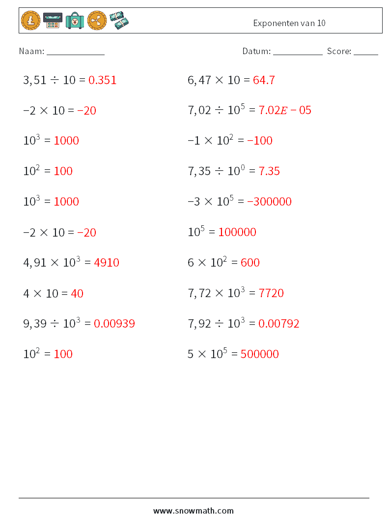 Exponenten van 10 Wiskundige werkbladen 4 Vraag, Antwoord