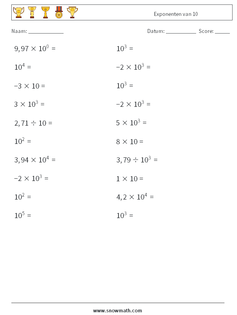 Exponenten van 10 Wiskundige werkbladen 7