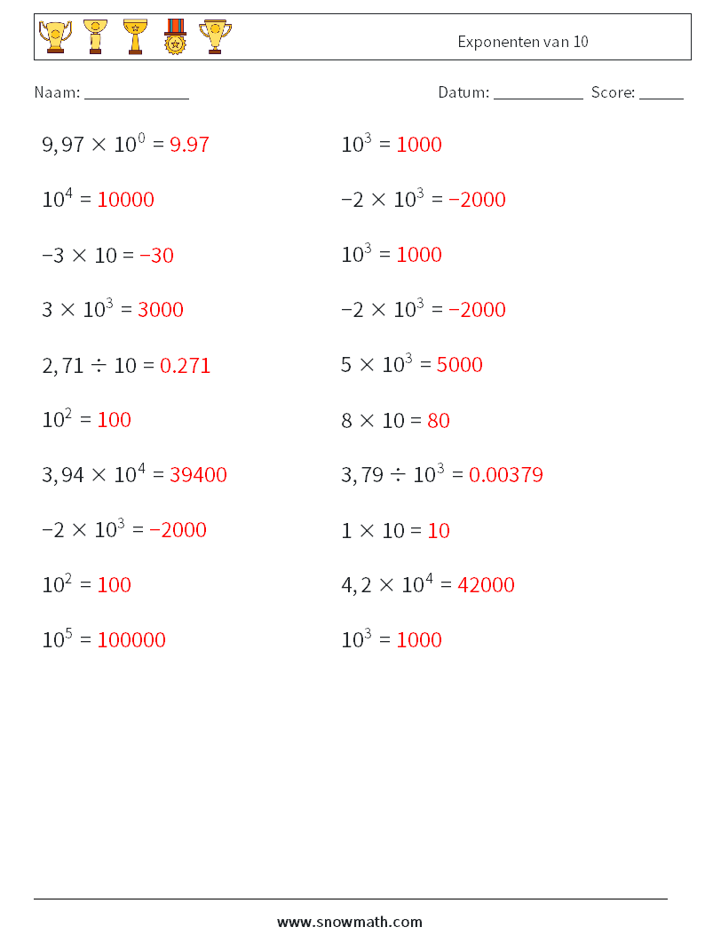 Exponenten van 10 Wiskundige werkbladen 7 Vraag, Antwoord