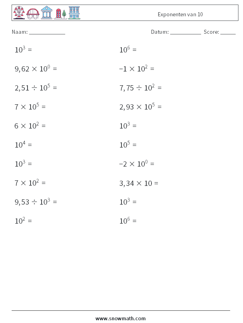 Exponenten van 10 Wiskundige werkbladen 8