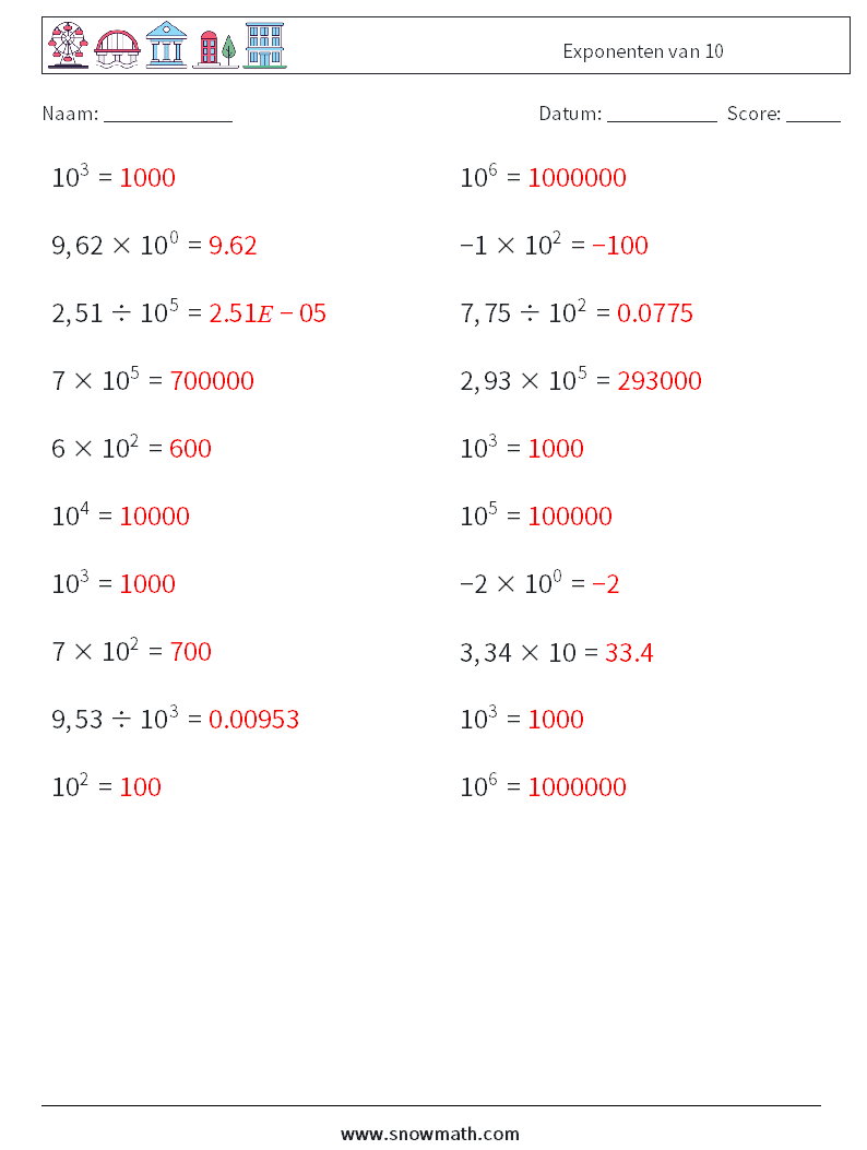 Exponenten van 10 Wiskundige werkbladen 8 Vraag, Antwoord