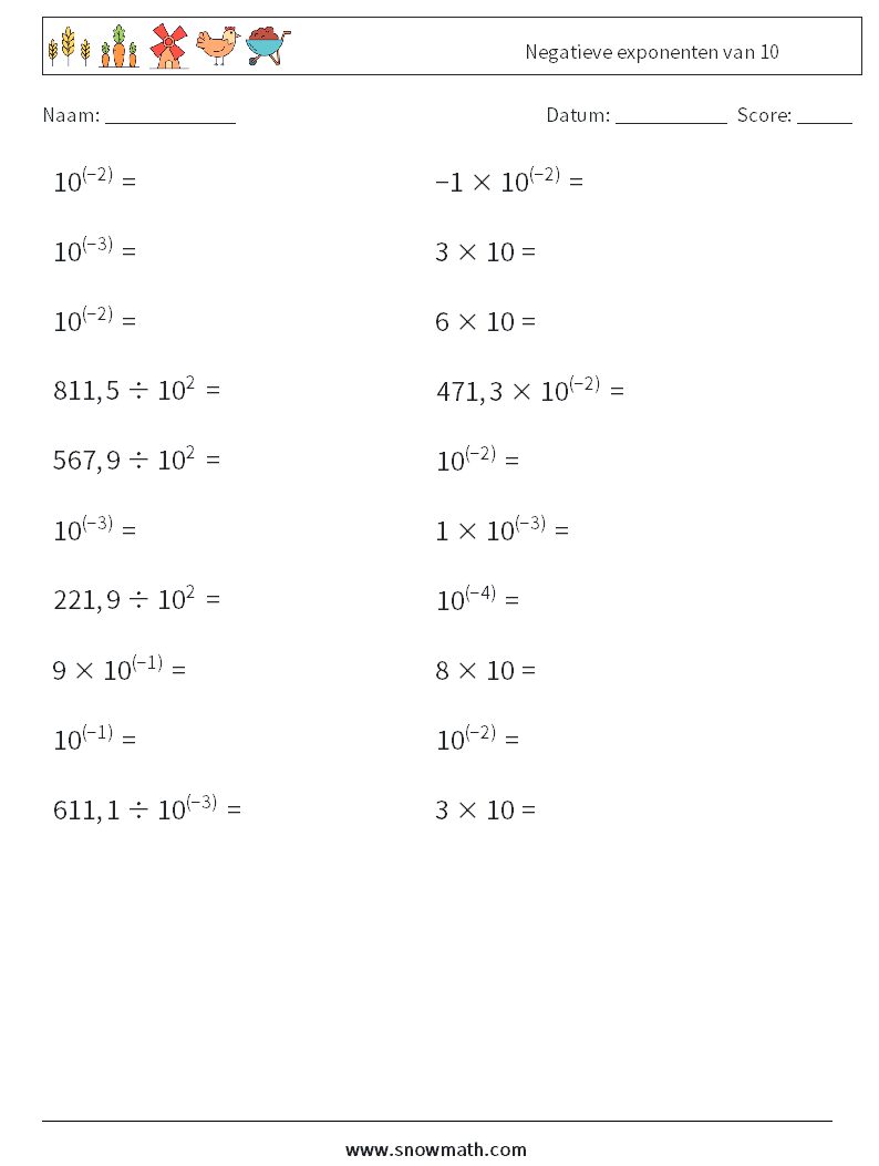 Negatieve exponenten van 10 Wiskundige werkbladen 1