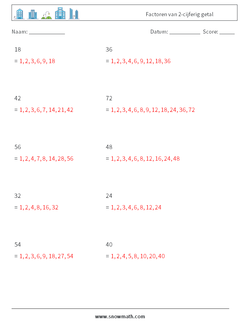 Factoren van 2-cijferig getal Wiskundige werkbladen 4 Vraag, Antwoord