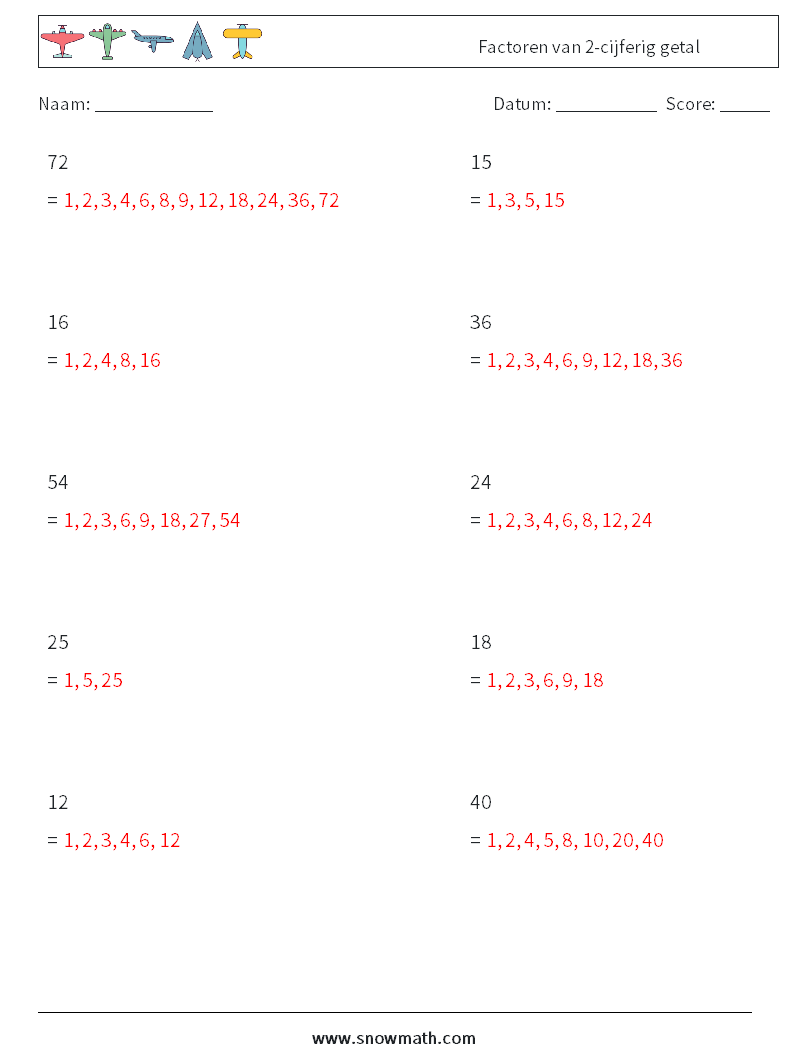 Factoren van 2-cijferig getal Wiskundige werkbladen 5 Vraag, Antwoord