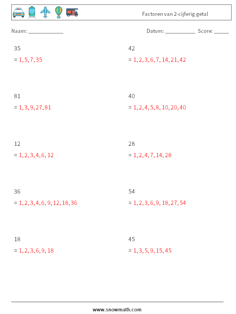 Factoren van 2-cijferig getal Wiskundige werkbladen 6 Vraag, Antwoord