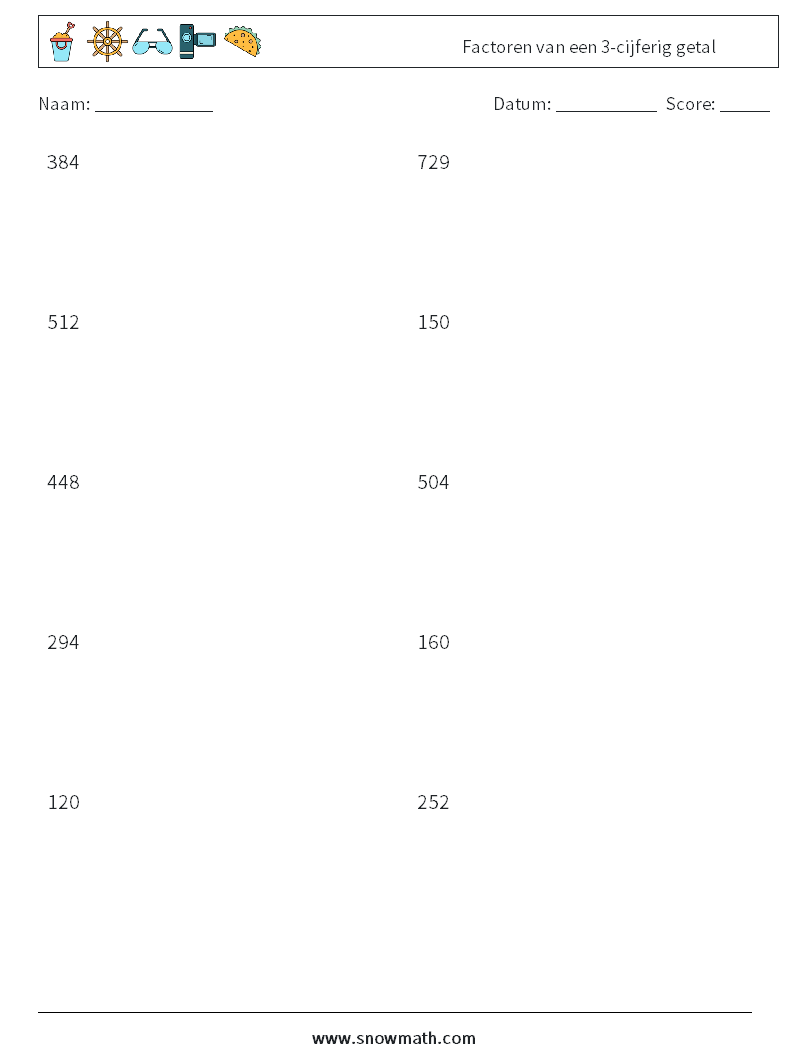 Factoren van een 3-cijferig getal Wiskundige werkbladen 3