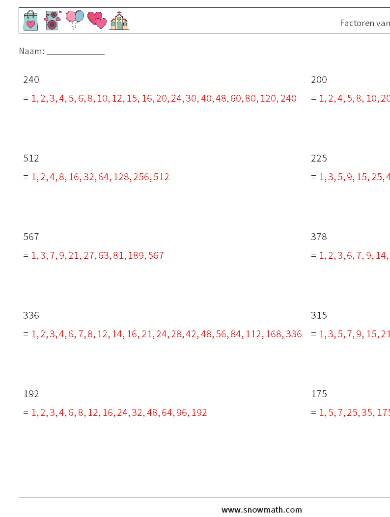 Factoren van een 3-cijferig getal Wiskundige werkbladen 8 Vraag, Antwoord