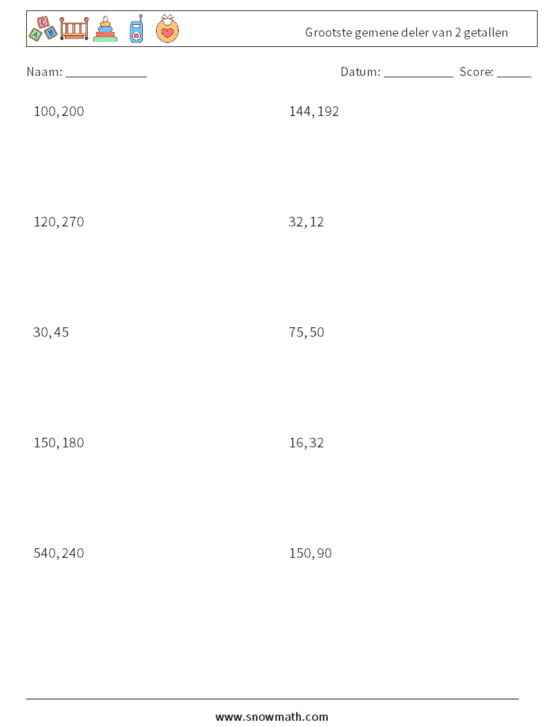 Grootste gemene deler van 2 getallen Wiskundige werkbladen 1