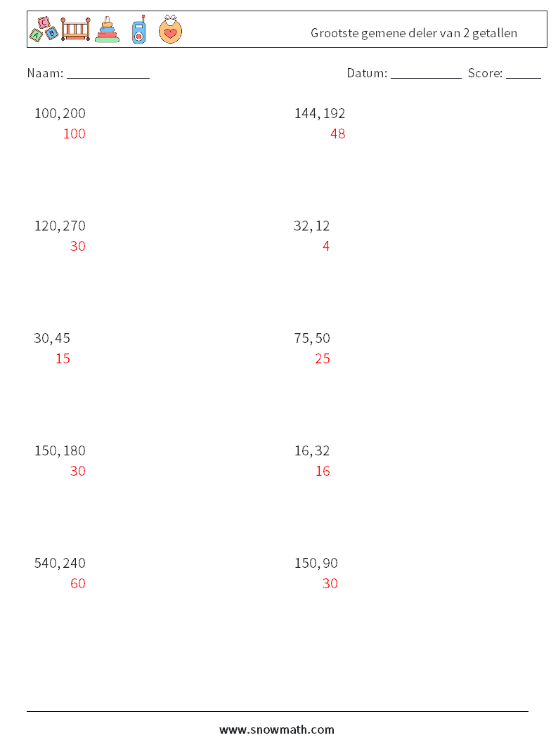 Grootste gemene deler van 2 getallen Wiskundige werkbladen 1 Vraag, Antwoord