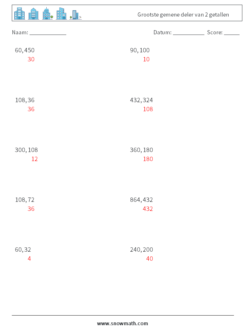 Grootste gemene deler van 2 getallen Wiskundige werkbladen 2 Vraag, Antwoord