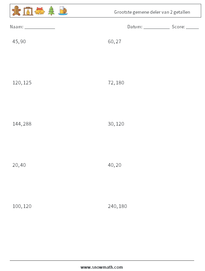 Grootste gemene deler van 2 getallen Wiskundige werkbladen 3